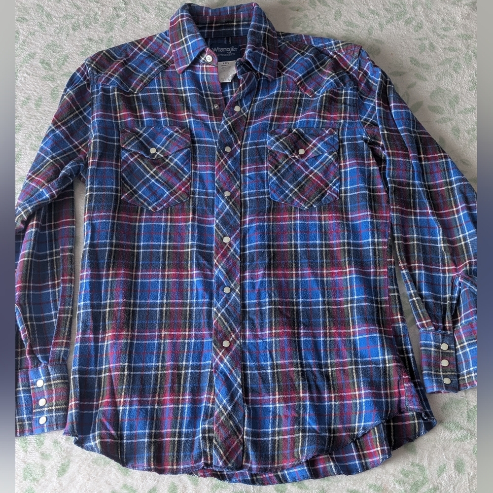 Wrangler Western Plaid Flannel Shirt Men’s Medium Blue Snap Button Cotton